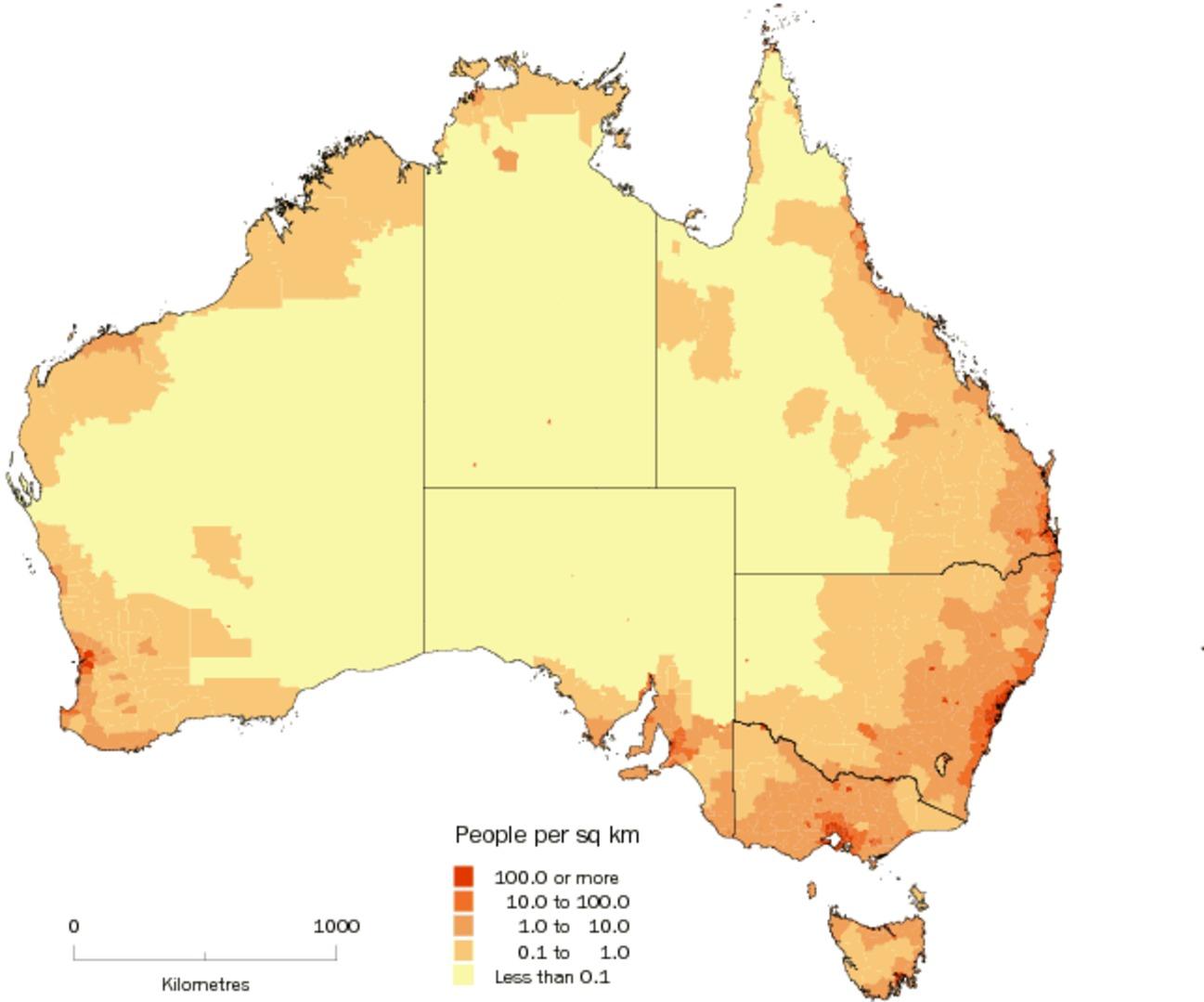 Australië bevolkingsdichtheid kaart Bevolking kaart van Australië