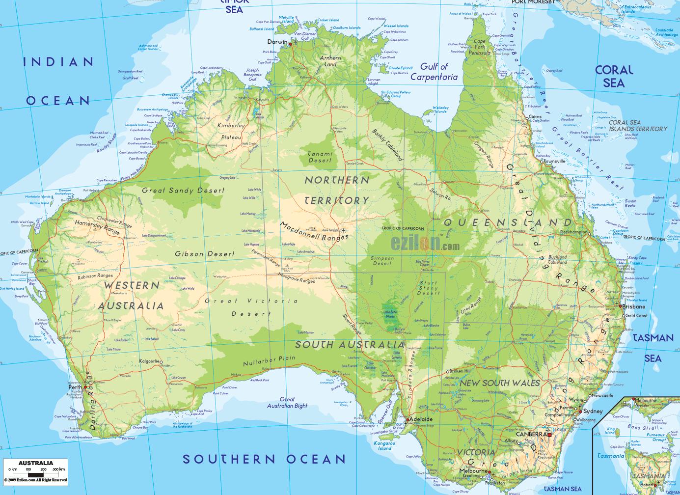 Australië fysieke kaart - Een fysieke kaart van Australië (Australië en