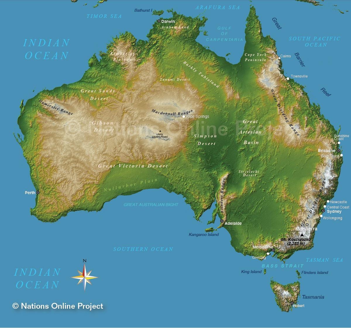 hoogte kaart van Australië