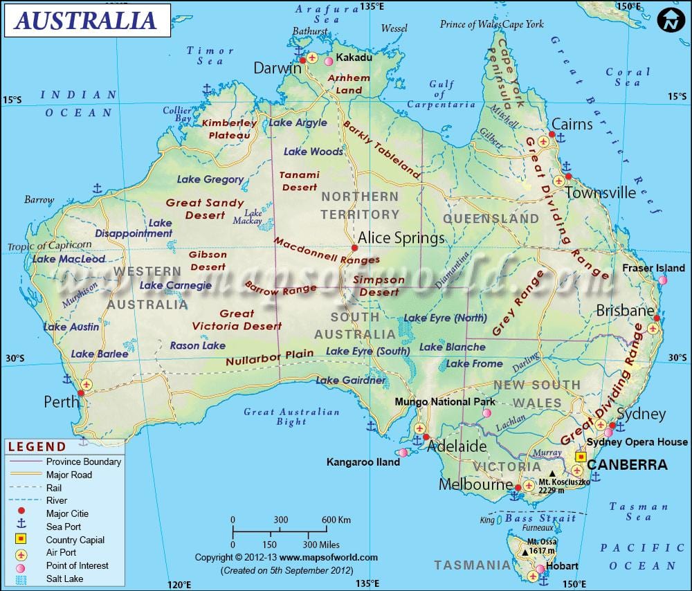 kaart van Australië met hoofdsteden