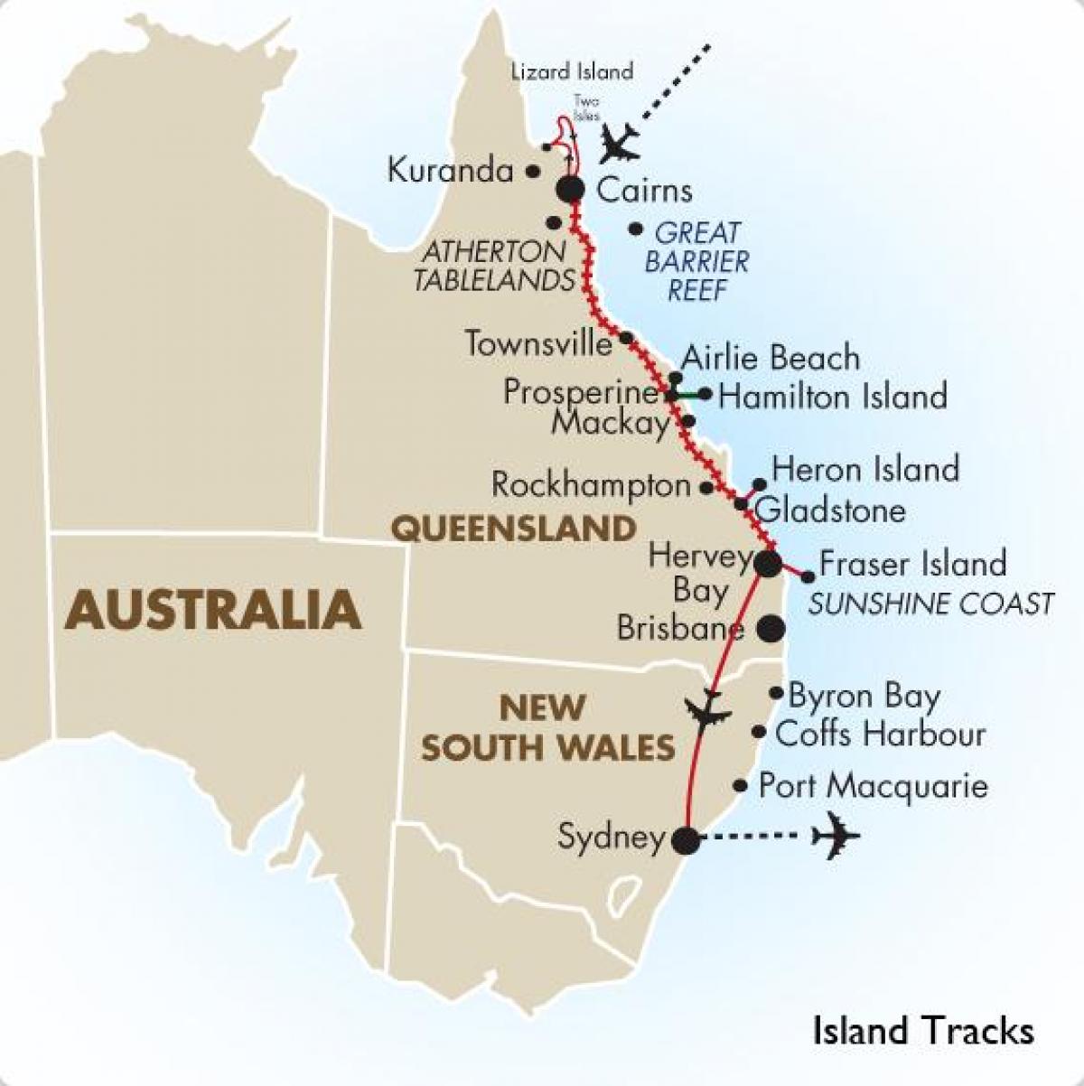 Australische oostkust kaart - Kaart van de oostkust van Australië