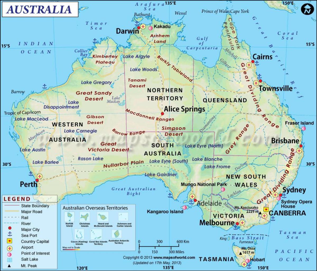 Australië Kaart - Australië Naar Amerika Kaart (Australië En Nieuw -  Zeeland Oceanië)
