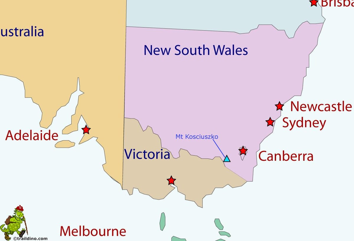 mount Kosciuszko op een kaart van Australië