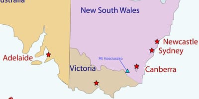 Mount Kosciuszko op een kaart van Australië